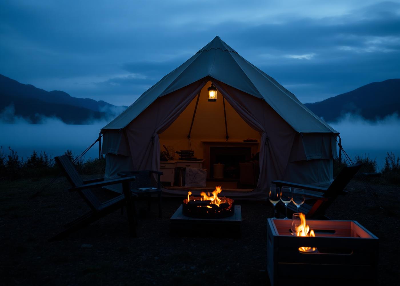 Bell tent on a private island at dusk